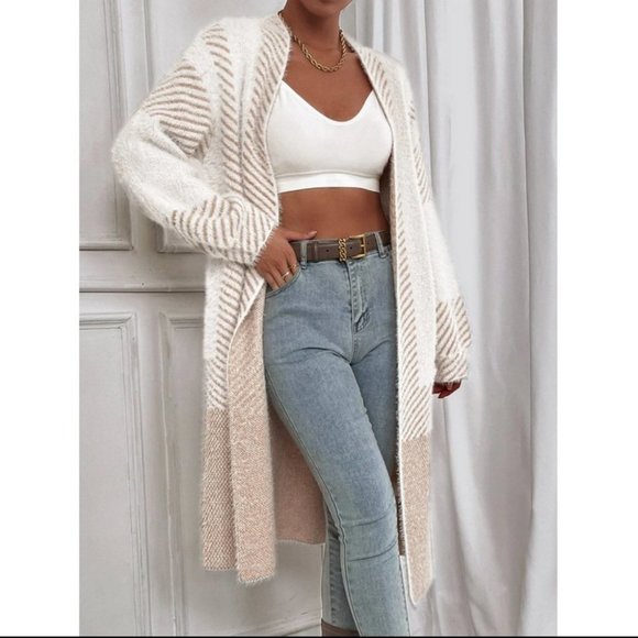 Tan Striped Pattern Fuzzy Duster Knit Sweater Cardigan - Picture 2 of 6